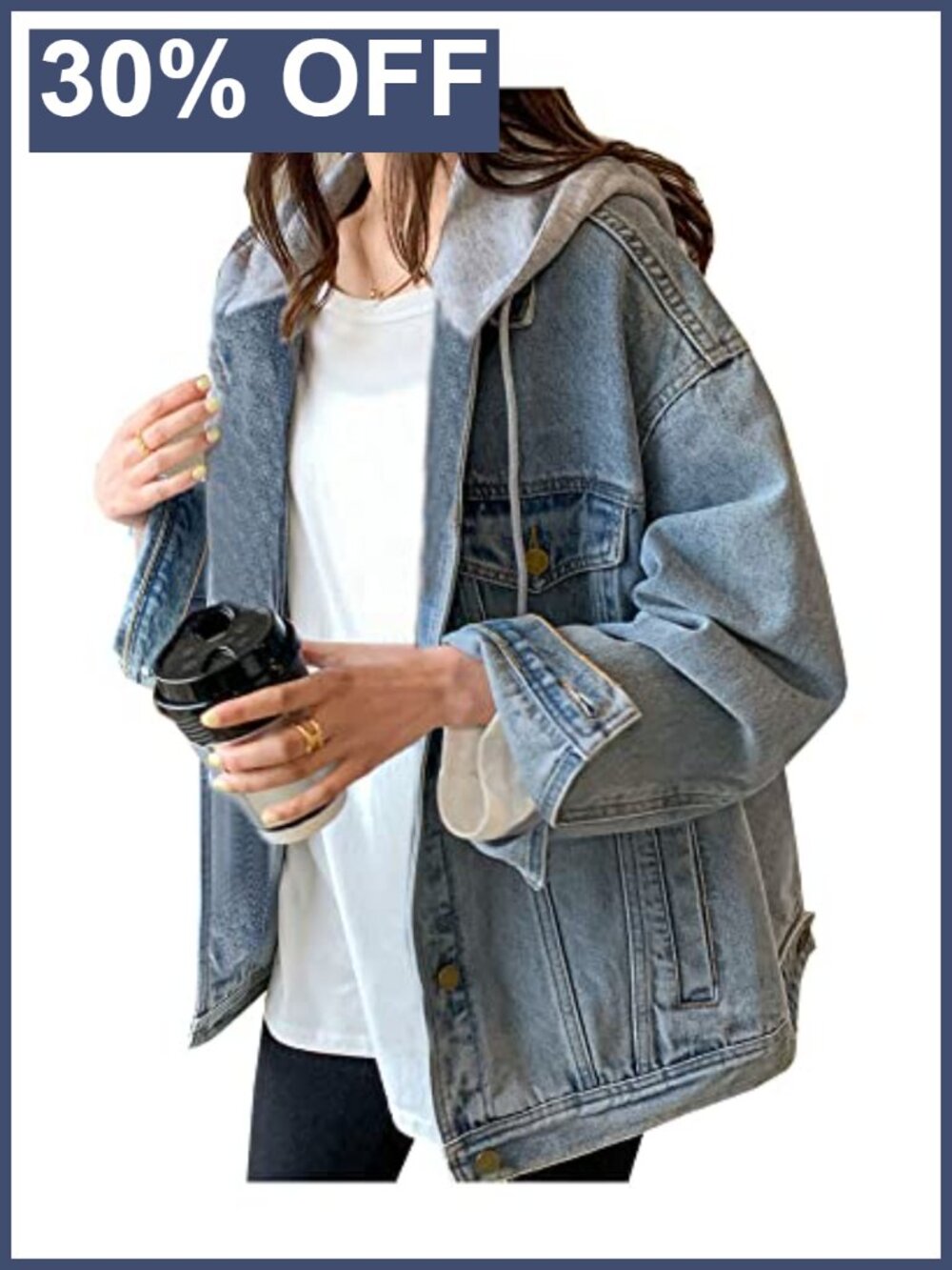 Womens Oversized Distressed Denim Jean Jacket Cotton Polyester Hooded